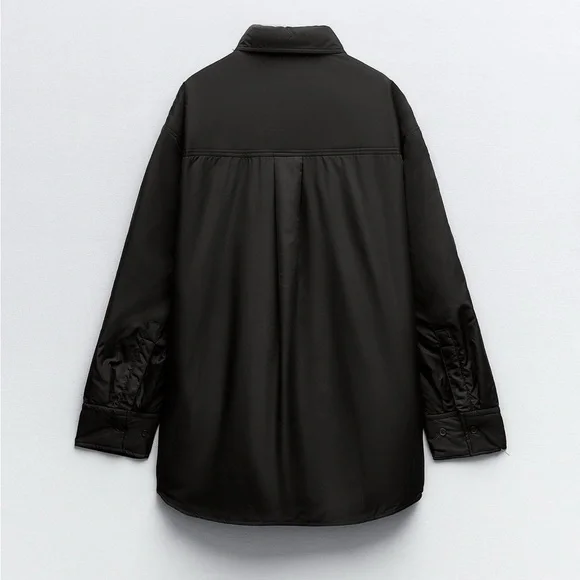 Zara Water Repellent Quilted Overshirt shirt Jacket Black button size S NWT - Picture 8 of 16